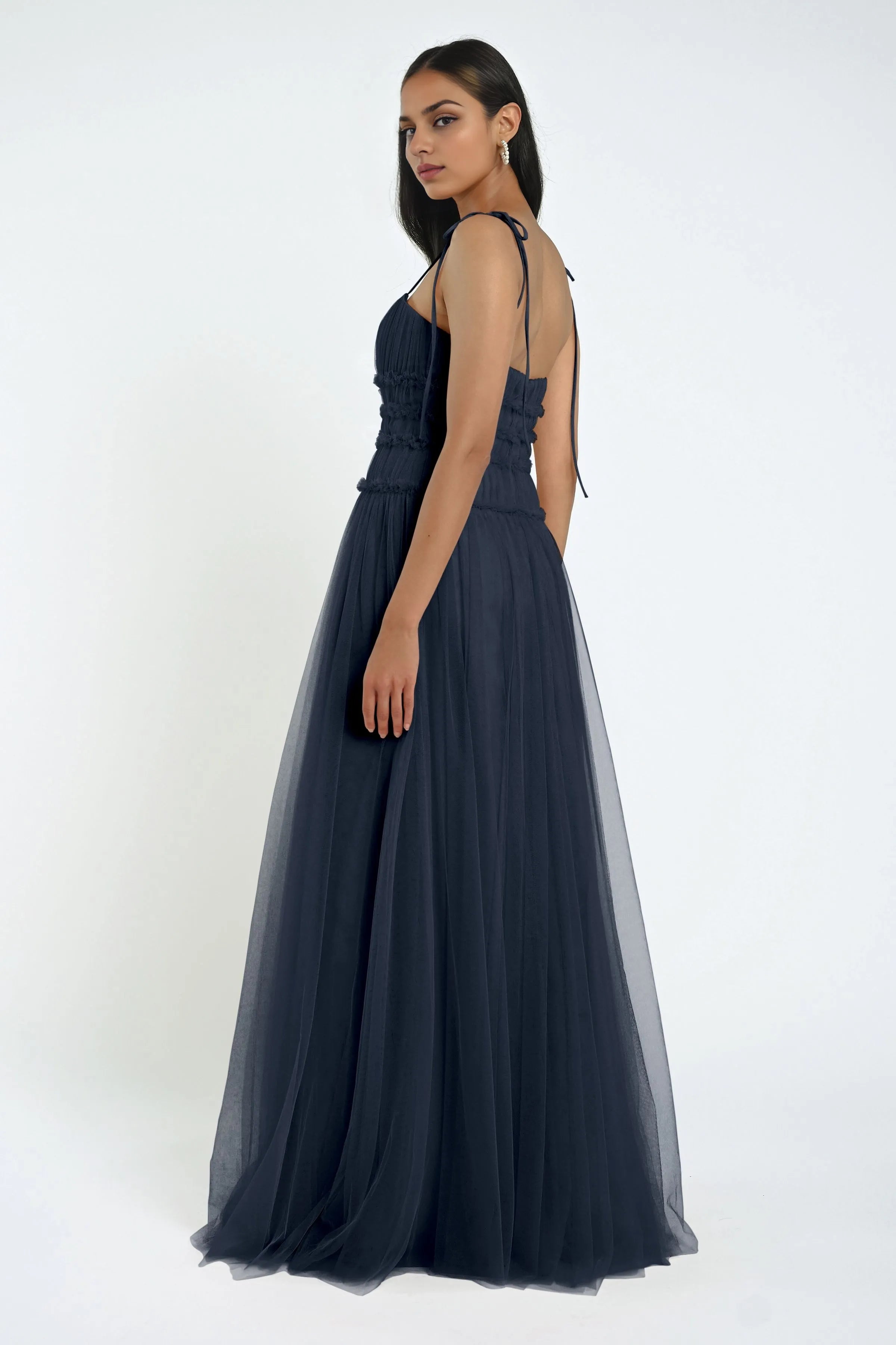 Robe Weitese élégante en tulle, col droit, bretelles spaghetti, robe de soirée trapèze à volants, sans manches, robe de bal